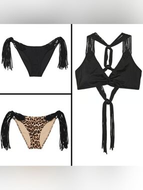 XS S VS Archives Swim Macrame Fringe Bralette Cheeky Bikini Set Black Leopard
